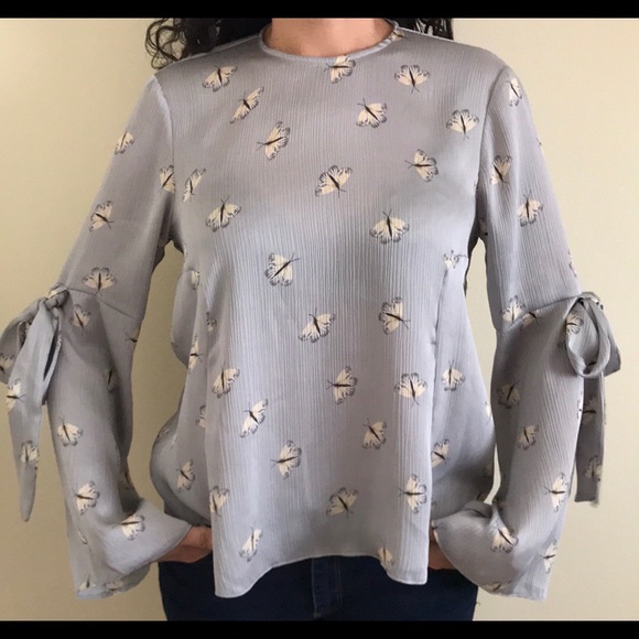 TOPSHOP Moth Print Tie Sleeve Blouse - Picture 4 of 6